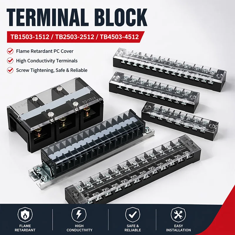 TB1503 TB2503 TB4512 Screw Terminal Block Barrier Strip 15A 25A 45A Wire Connector with Flame Retardant PC Cover for DIN Rail