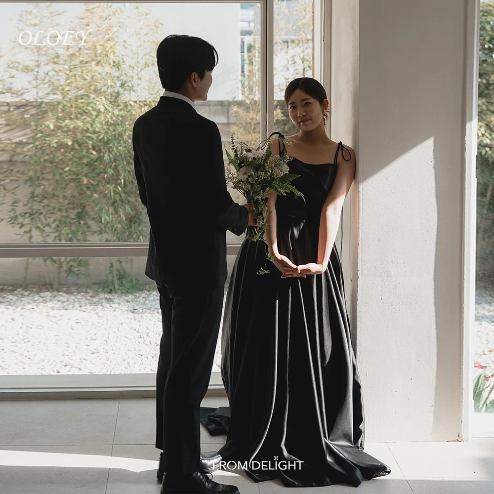 

OLOEY Black Korea Wedding Dresses Simple Satin A Line Customized Spaghetti Straps Long Receptions Gowns Photo Shoot 웨딩드레스