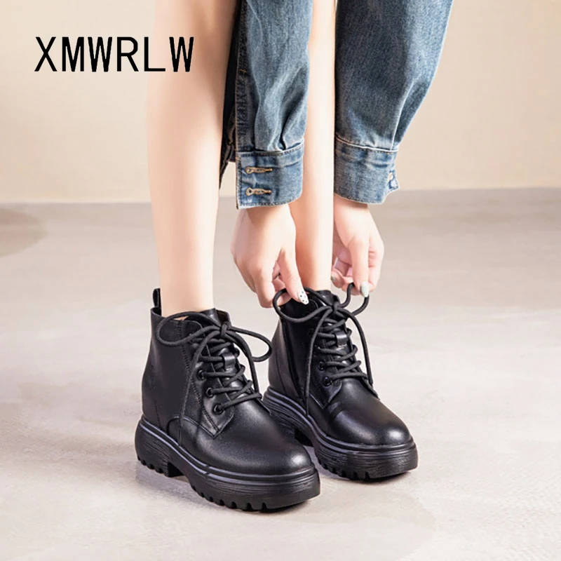 

XMWRLW 2025 Autumn Winter Genuine Leather Ankle Boots Women Shoes Fashion High Heels Ankle Boots Warm Plush Women Winter Shoes