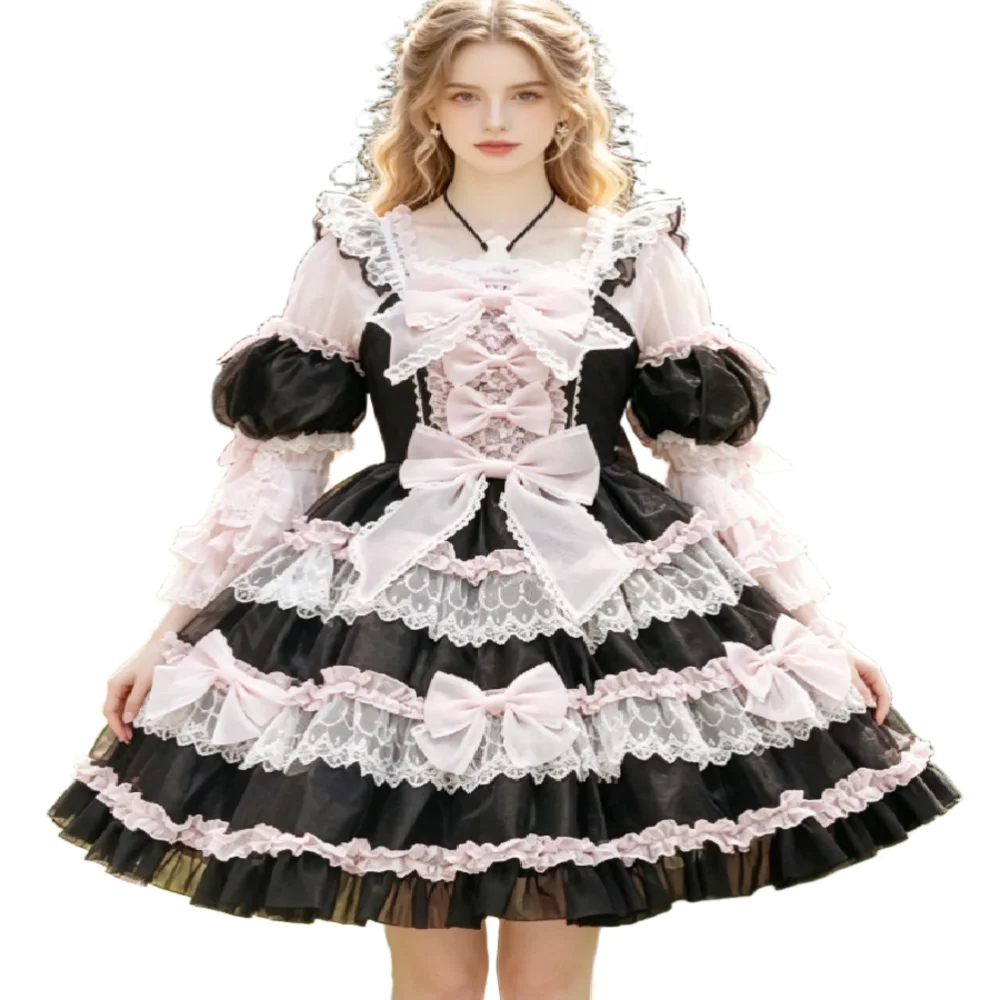 Black Pink Sweet Gothic Evening Dress Lolita OP Square Neck Puff Patchwork Long Sleeve Tiered Ruffle Cake Prom Dress Short Party