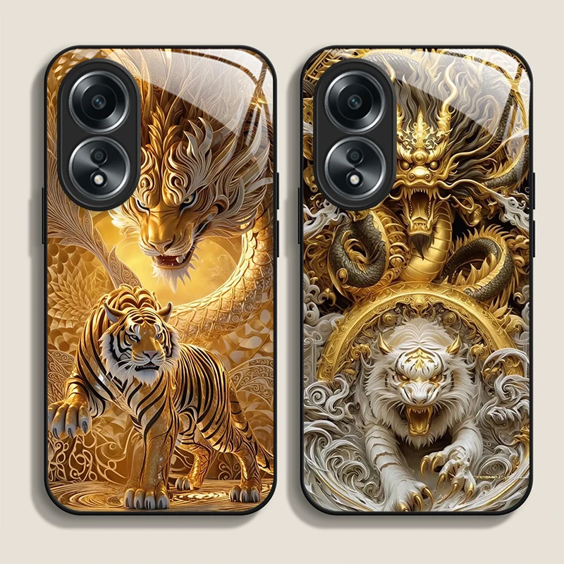 Glänzende Goldene Drachen- und Tiger-Muster Gehärtetes Glas Handyhülle für OPPO Realme 14 13 Pro Plus 12 11 10 Neo 3 X7 PRO C65 Schutzhüllen