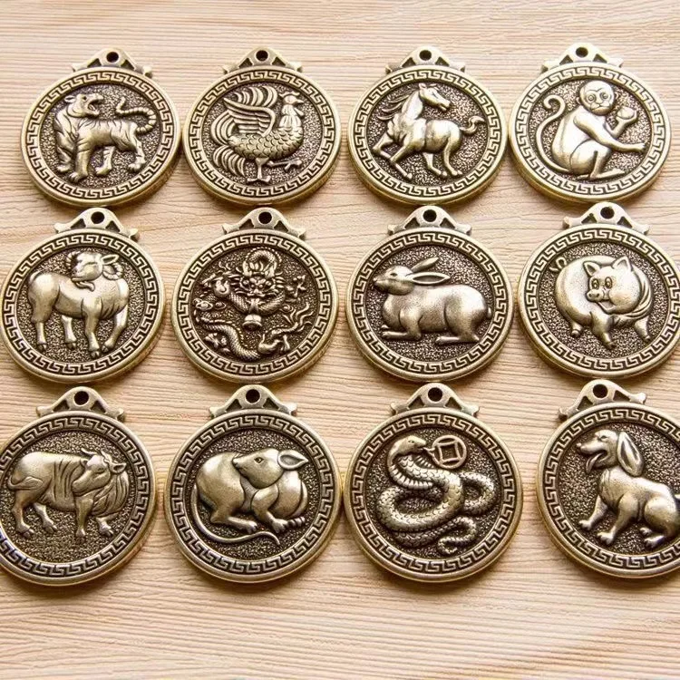 Pure brass zodiac lucky coins, brass solid relief zodiac sign keychain pendant