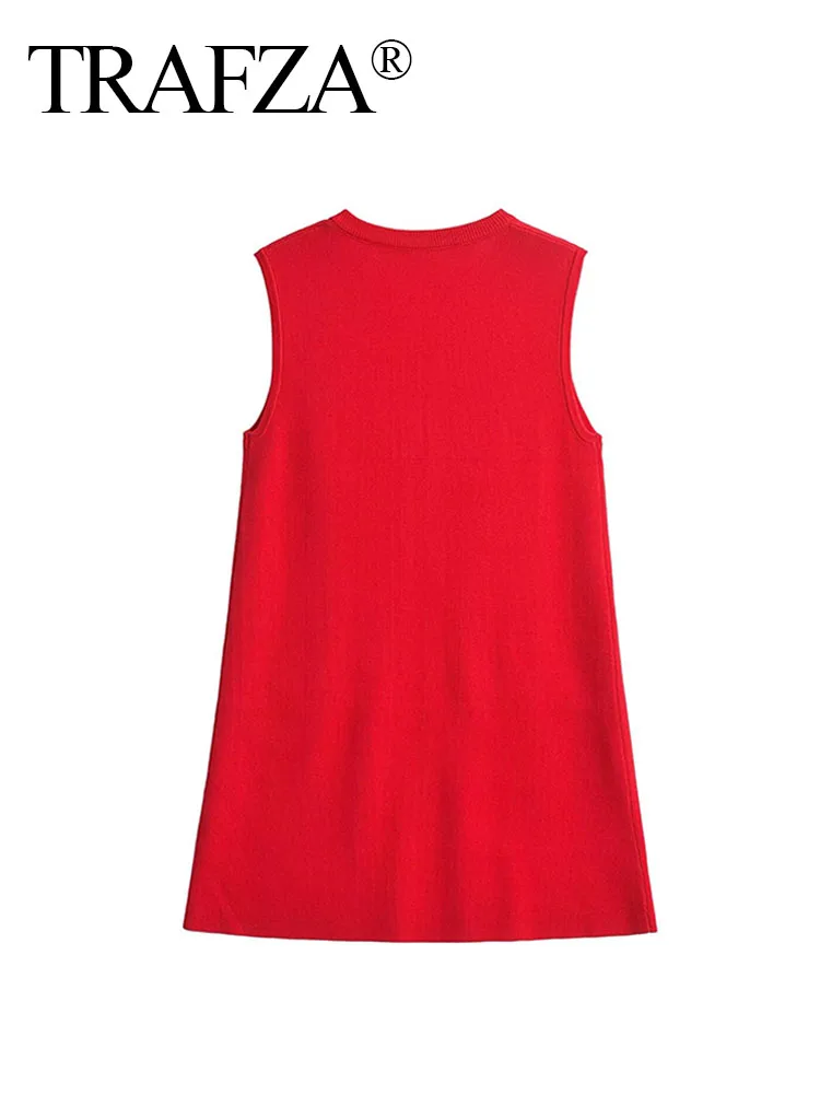 TRAFZA 2024 Female Casual Dress Knitted O-Neck Sleeveless Slim Single Breasted Short Dresses Chic Elegant Woman Mini Dress