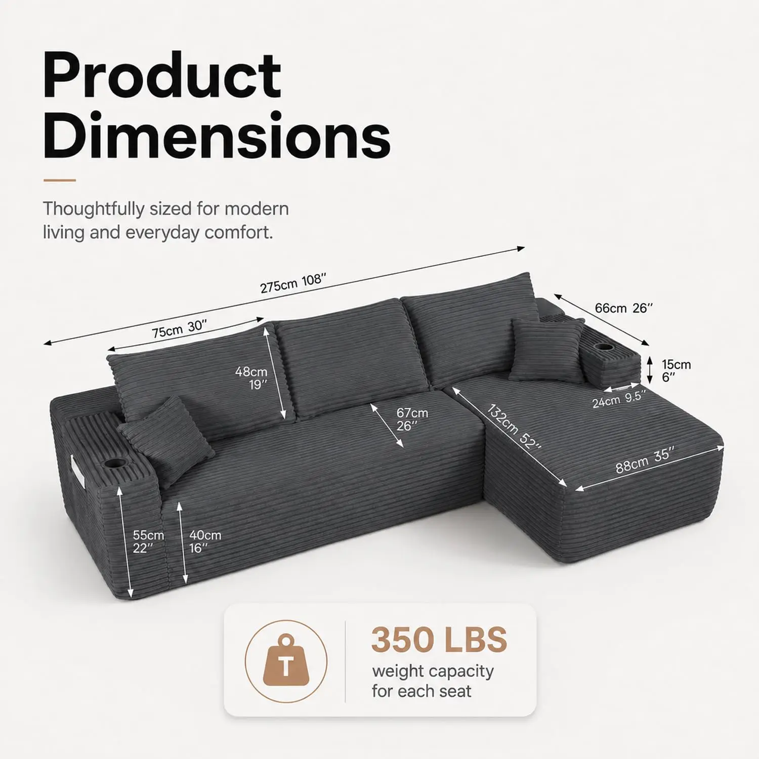108 inch Boneless Couch, Modular L-Shaped Cloud Sectional Sofa, Grey, Customized
