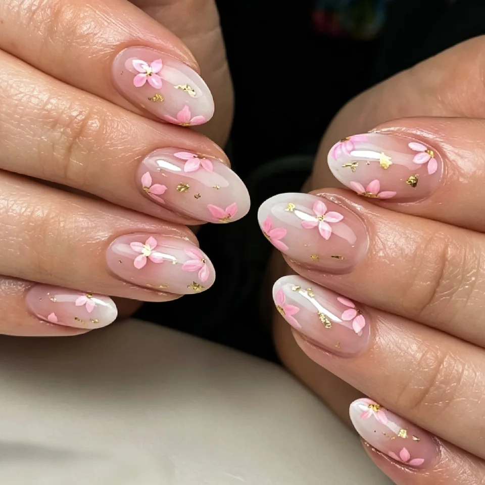 24 Piezas Uñas Postizas Francesas Almendra con Borde Púrpura y Diseño de Flores Simple, Uñas Adhesivas Desmontables Terminadas 2
