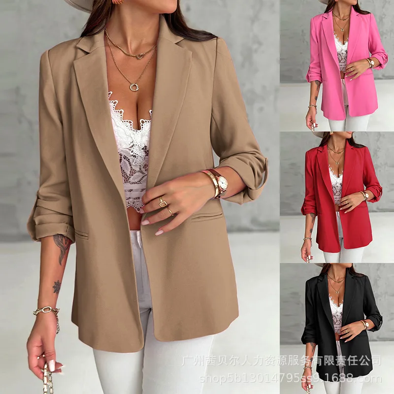 Women Solid Tailored Coat Cardigan Full Sleeve Turn Down Collar Jackets Midi Waist Open Stitch Casual Blazer Office Lady