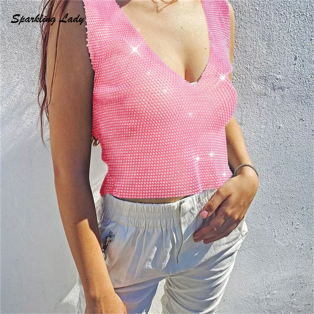 

Sparkling Diamond Crop Tops Women V Neck Glitter Rhinestone Vest Sexy Fishnet Tank Top Streetwear Club Party Festival Rave Tee