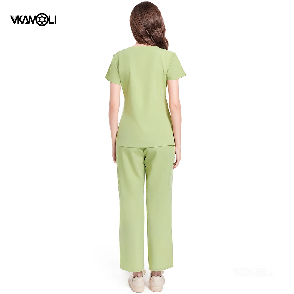 elasticity Slim fitting operating nurse women solid scrubs set medical surgery suit scrubs tops + Multiple pockets pant XS-XXL