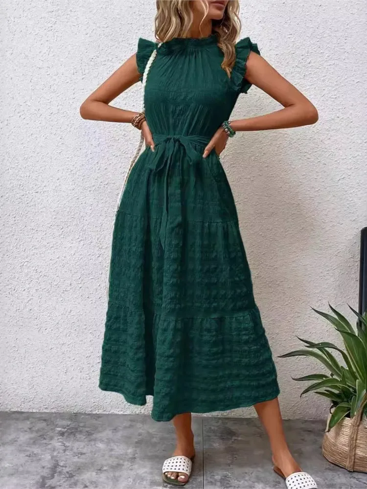 ชุดเดรสผู้หญิงแฟชั่นฤดูร้อนสีดำ แต่งขอบแขนเสื้อ ไร้แขน ตัดต่อผ้า ดีไซน์ใหม่ สวยสง่า รัดเอว ผูกเชือก เหมาะสำหรับวันพักผ่อนริมทะเล