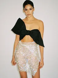 Fishnet Sexy Skirt For Women Clothes High Fashion Night Club Party Y2k Accessories White Cover Ups See Through Mesh Mujer Faldas