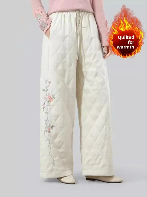 

Новые китайские свободные хлопковые брюки с цветочной вышивкой, широкие повседневные брюки с высокой талией на зиму 2025 г.