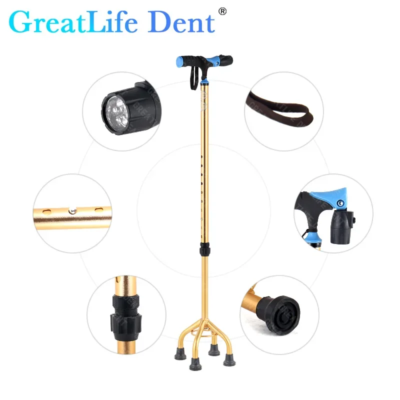 

GreatLife Dent LED Light Non-Slip Elderly Walking Sticks Aluminum Alloy Multifunctional Crutch with Big Four Feet for Old Men