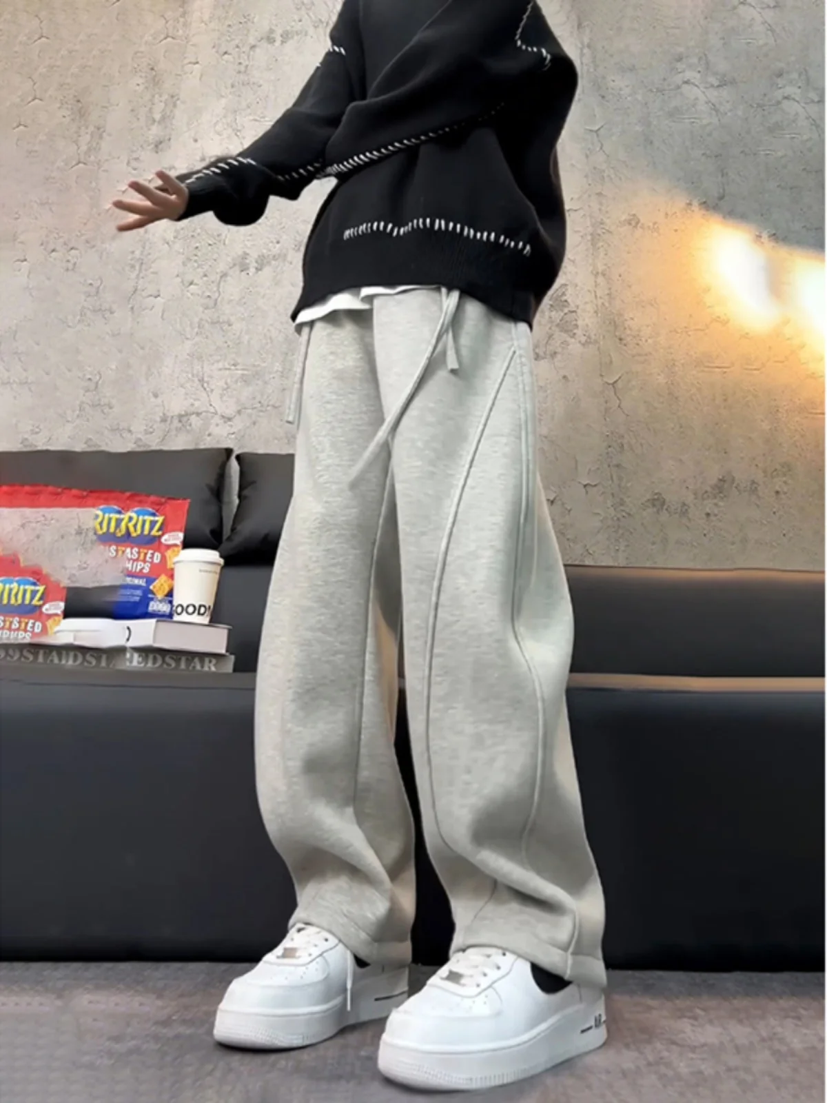 

American Sle Fce Lined ey Sweatpants Men's Autumn Winter Sports Straight Loose Banana Knife Pants Youth Faion Brand