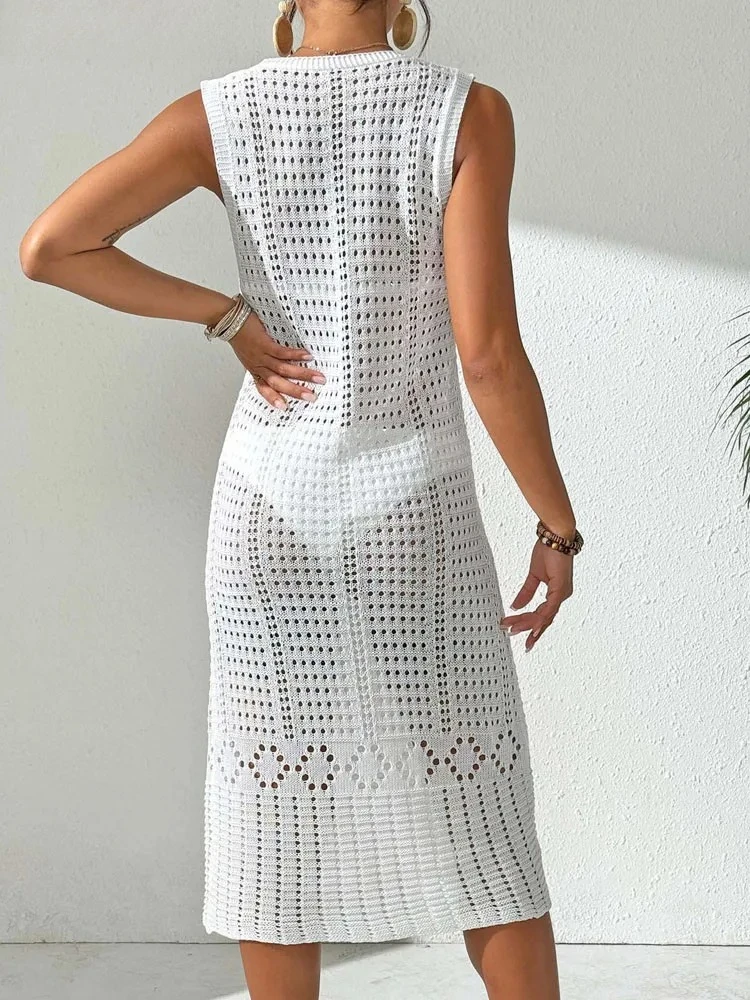 Sexy Women Solid Sleeveless Bikini Cove Up Hollow Lady Long Beach Dress Female Brazilian Swimsuit Cover-Ups