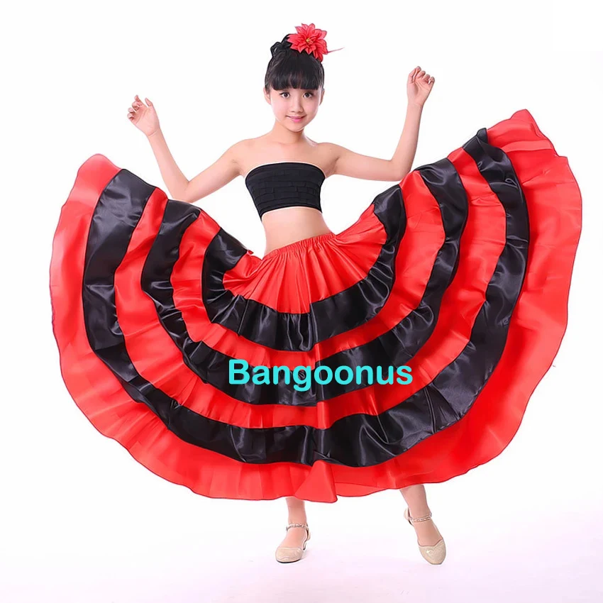 Kids High Quality Satin Soft Red Black Teenager Girls Spanish Flamenco Skirt Striped Bling Ballroom Stage Wear Performance Dress