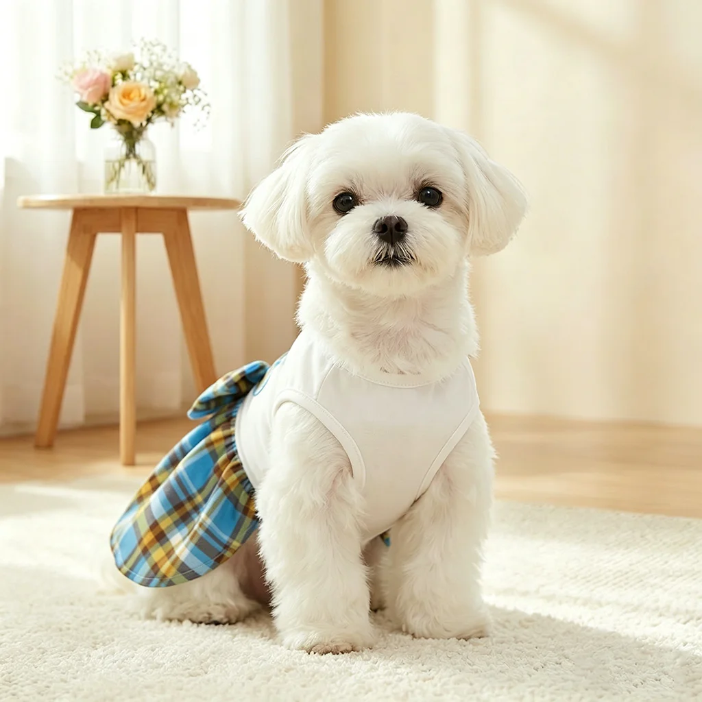 Vestido chaleco para perro blanco cuadros azules con lazo y corazones - imagen 3