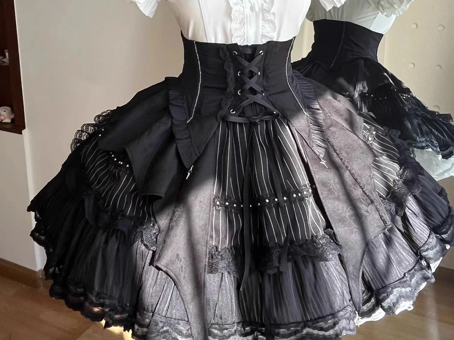 Black Goth Fish Bone Waist Seal Skirt Set Autumn Japanese