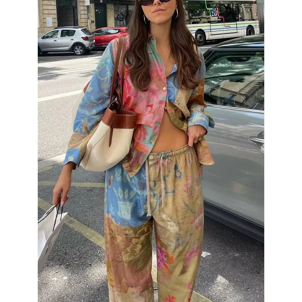 Autumn New ProductVintage Tie Dye Print Women Suit Single Breasted Blouse Straight Long Loose Pants New Fashion Boho Sets