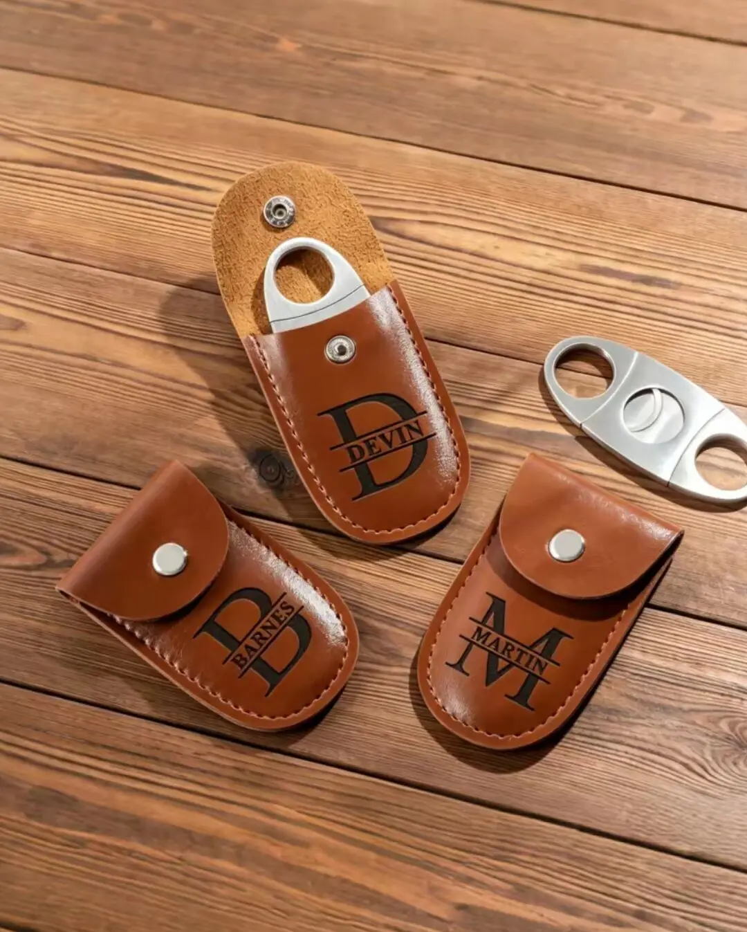 Personalized Cigar Cutter Set Custom Engraved Name Monogram Leather Pouch & Stainless Steel Cigar Cutter Groomsmen Best Man Gift