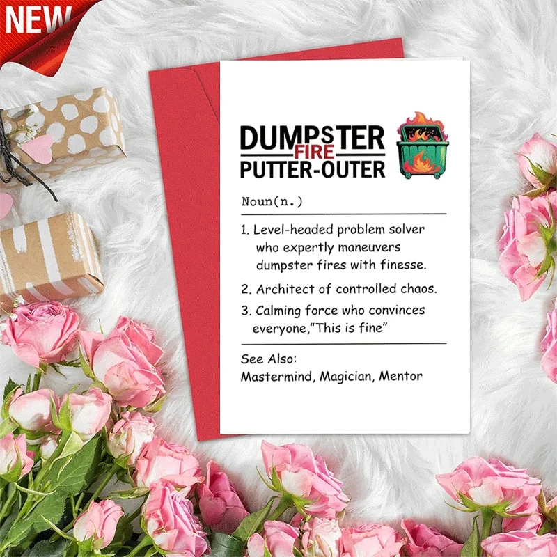 

Funny Dumpster Fire Putter Outer Greeting Card, Humorous Problem Solver Mentor Thank You Card for Coworker Frie