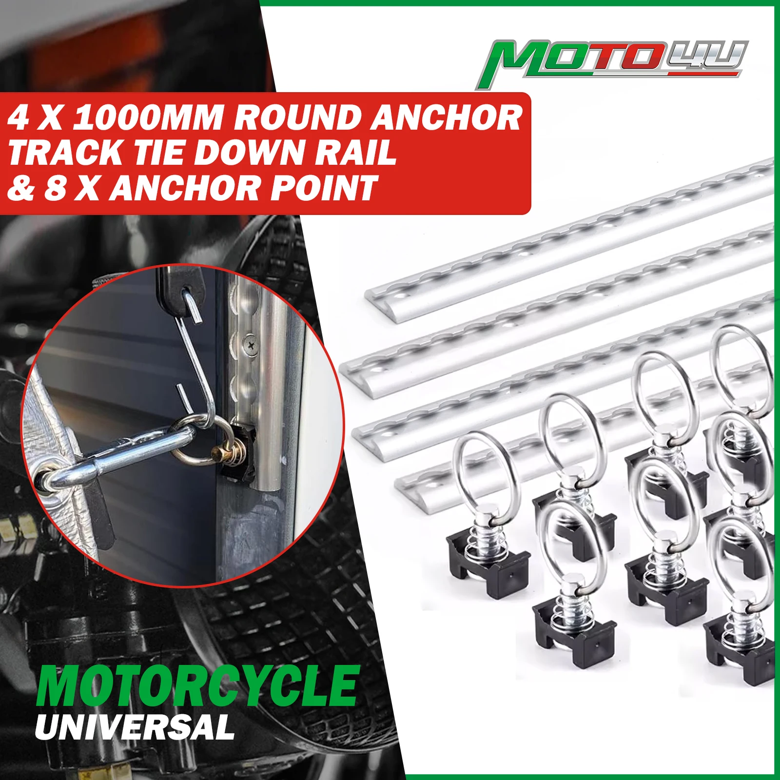4 x 1000MM Round Anchor Track Tie Down Rail And 8 x Anchor Point System Aluminium Tracking Bike Motorcycle Trailer Move the Bike