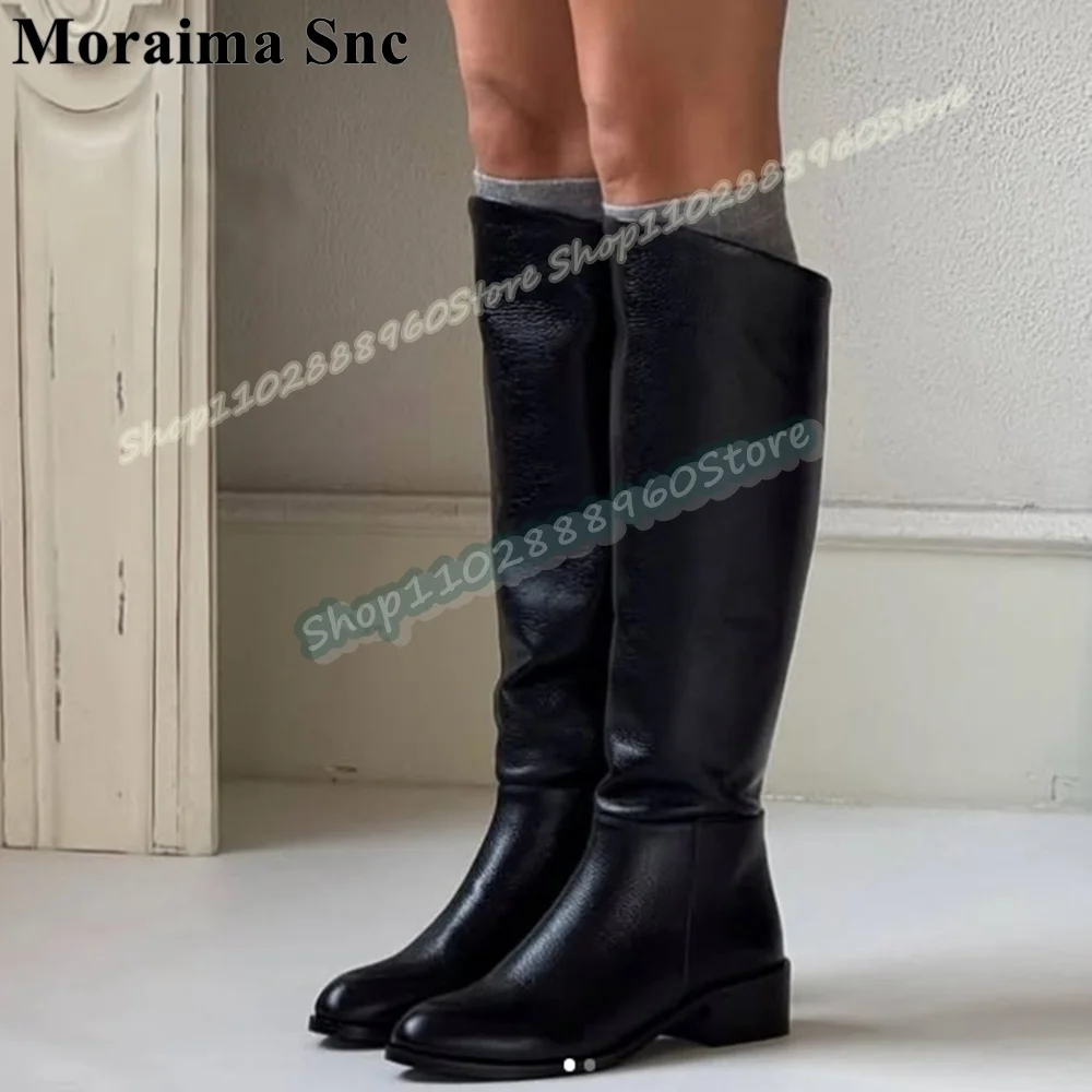 

Trendy Knee High Black Leather Beveled Boots Low Heel Shoes For Women Slip On Pointed Toe Fashionable Casual Zapatos Para Mujer