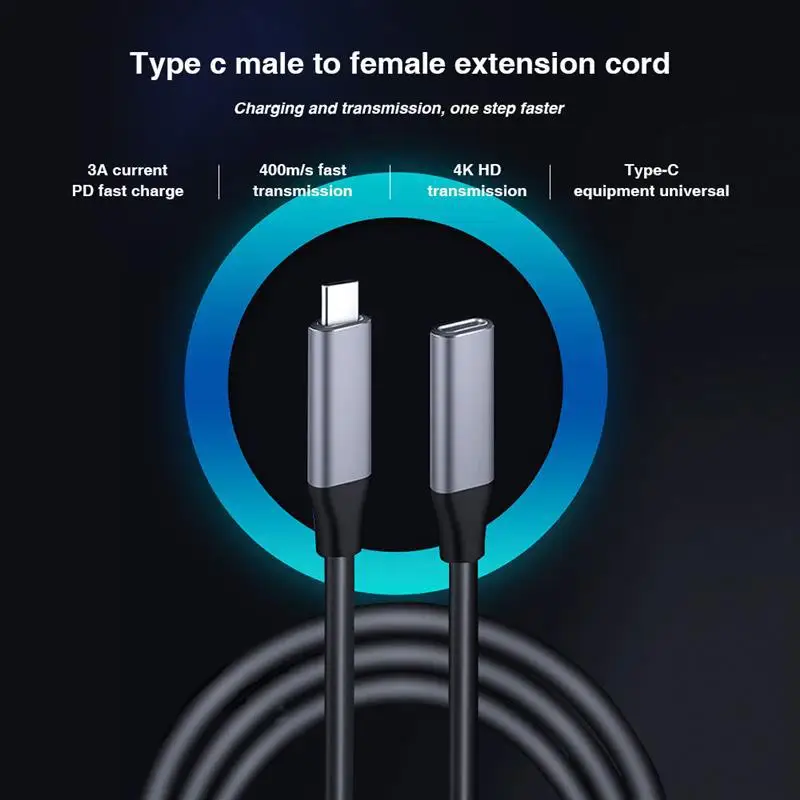 Kabel USB C, kabel USB tipe-c pria ke USBC 3.1 Gen1 kabel ekstensi 4K HD saluran transmisi dengan 3A PD 60W pengisian 400 M/s kabel data