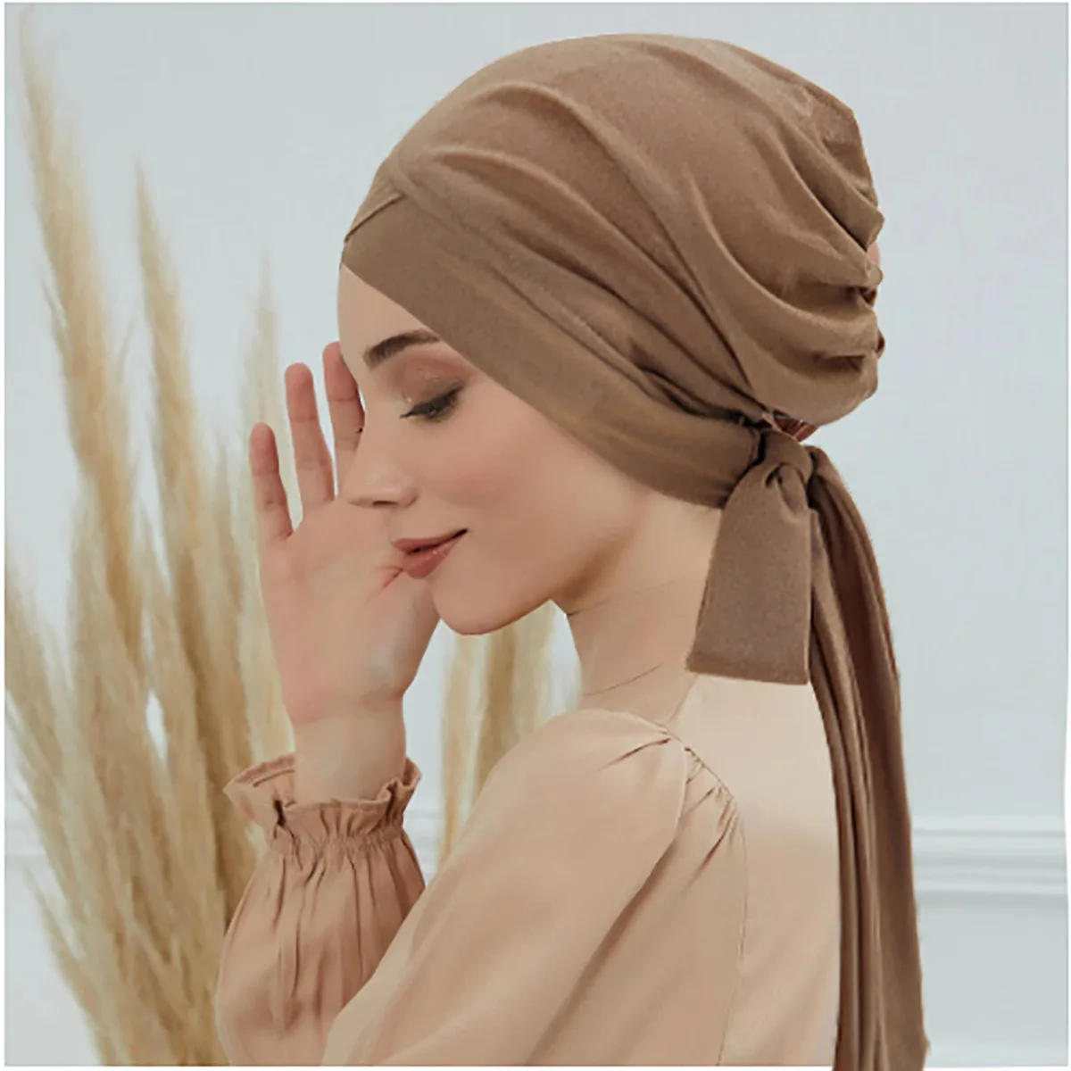 Solid Color Turban Hats Lightweight Elastic Head Wraps Ribbon Lace Up Breathable Chemo Cap Ramadan Headscarf For Women