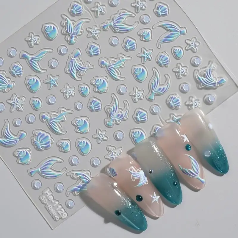 

Stickers Summer Beach Fishtail Jellyfish Nail Decals Decoration DIY 5D Summer Seashell Nail Sticker Shiny Embossed Starfish Nai