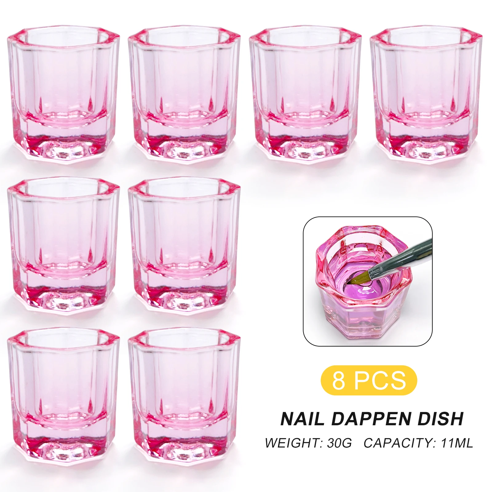 ถ้วยแก้วคริสตัลสำหรับใส่ผงอะคริลิค 8 ชิ้น สีชมพูใส สำหรับใส่ผงทำเล็บ อุปกรณ์ทำเล็บ DIY