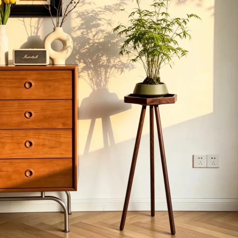 Black Walnut Plant Stands Floor Bonsai Shelf Balcony Orchid Display Rack for Living Room Rustic Side Table for Potted Plants
