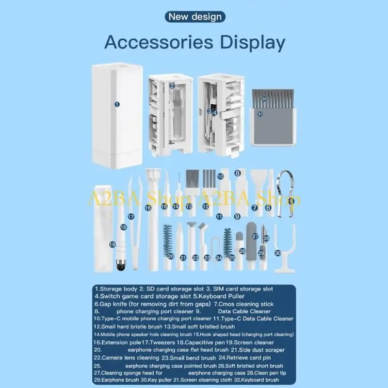 A2BA Essential 32 Tool Cleaning Bundle Brushes Tweezers For Mobile Devices Computers