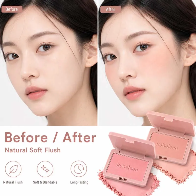 Kobeleen 4 Shades Silky Powder Blush for Cheeks, Buildable Soft-Focus Matte Finish, Long-Lasting Blendable Natural Flush Makeup