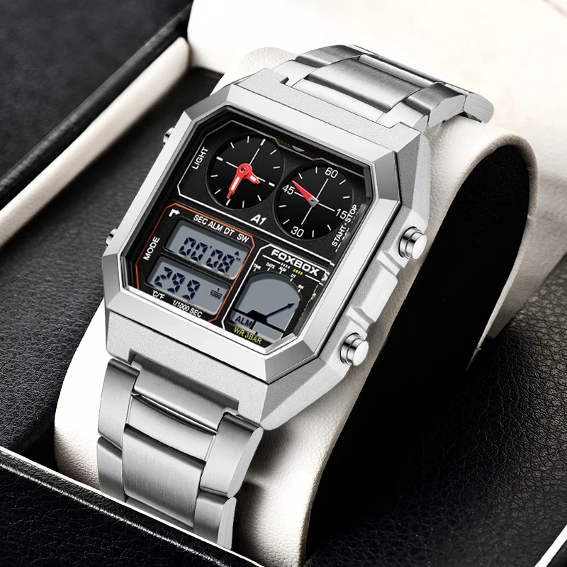 

FOXBOX лучший бренд класса люкс из нержавеющей стали Chrono спортивные часы мужские подсветка дисплей цифровые наручные часы 3 бара водонепроницаемые Reloj + коробка