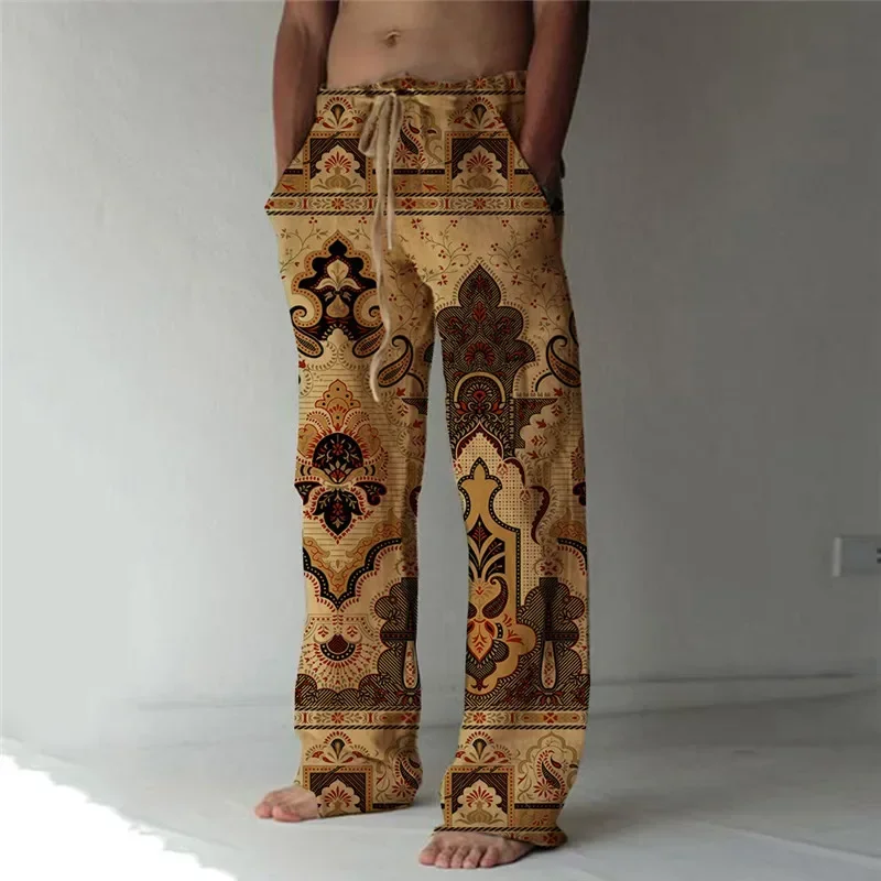 Men\'s Summer Retro Casual Wide Leg Pants 3D Printed Fashion Wide Leg Pants Hawaii Loose Beach Pants