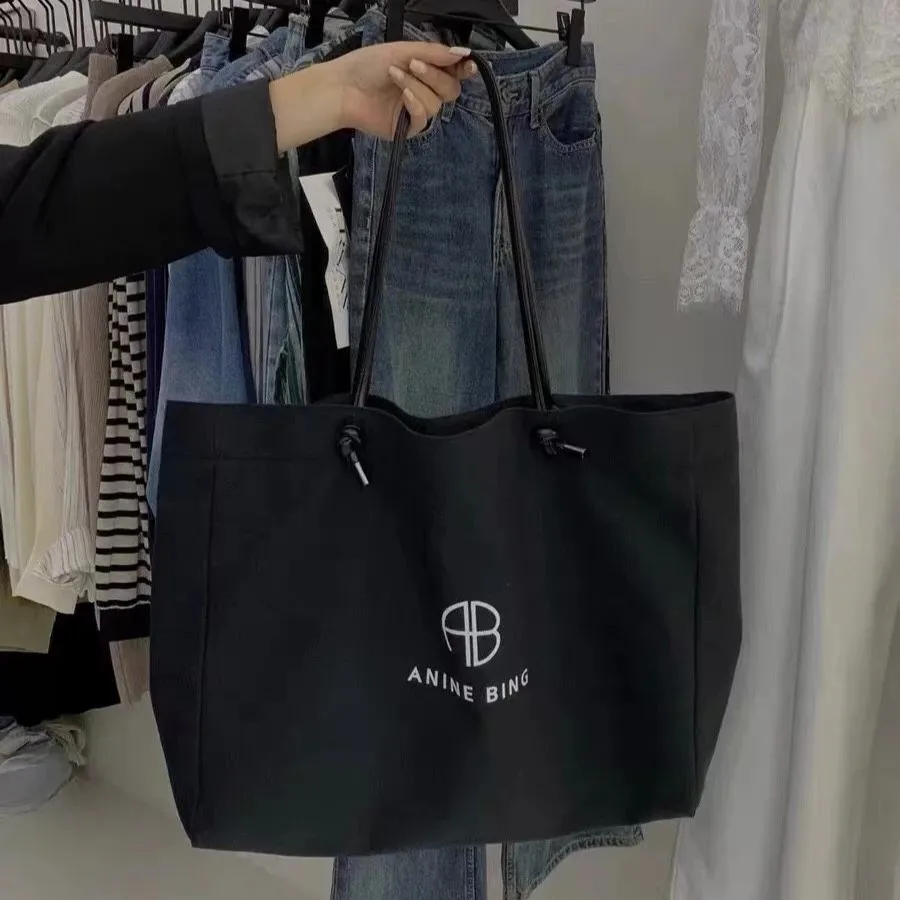 Trendy Canvas Tote Bag Large Capacity Commuter Shoulder Bag Letter Print Bhj Brand Soft Handle European Fashion Style for Youth