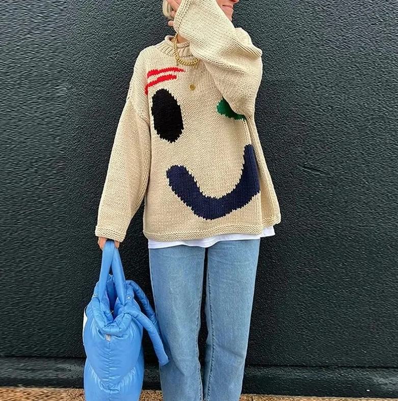 

New Autumn Women Oversized Smile Boho Sweater O Neck Knitwear Long Sleeve Loose Fit Pullover Casual Female Tops Solid Color