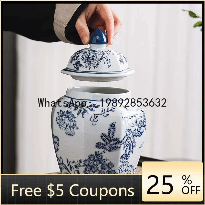 L14-Blue and White Porcelain Hand-painted  Octagonal General Jar Living Room Ceramic Ornament Jingdezhen Antique Decoration