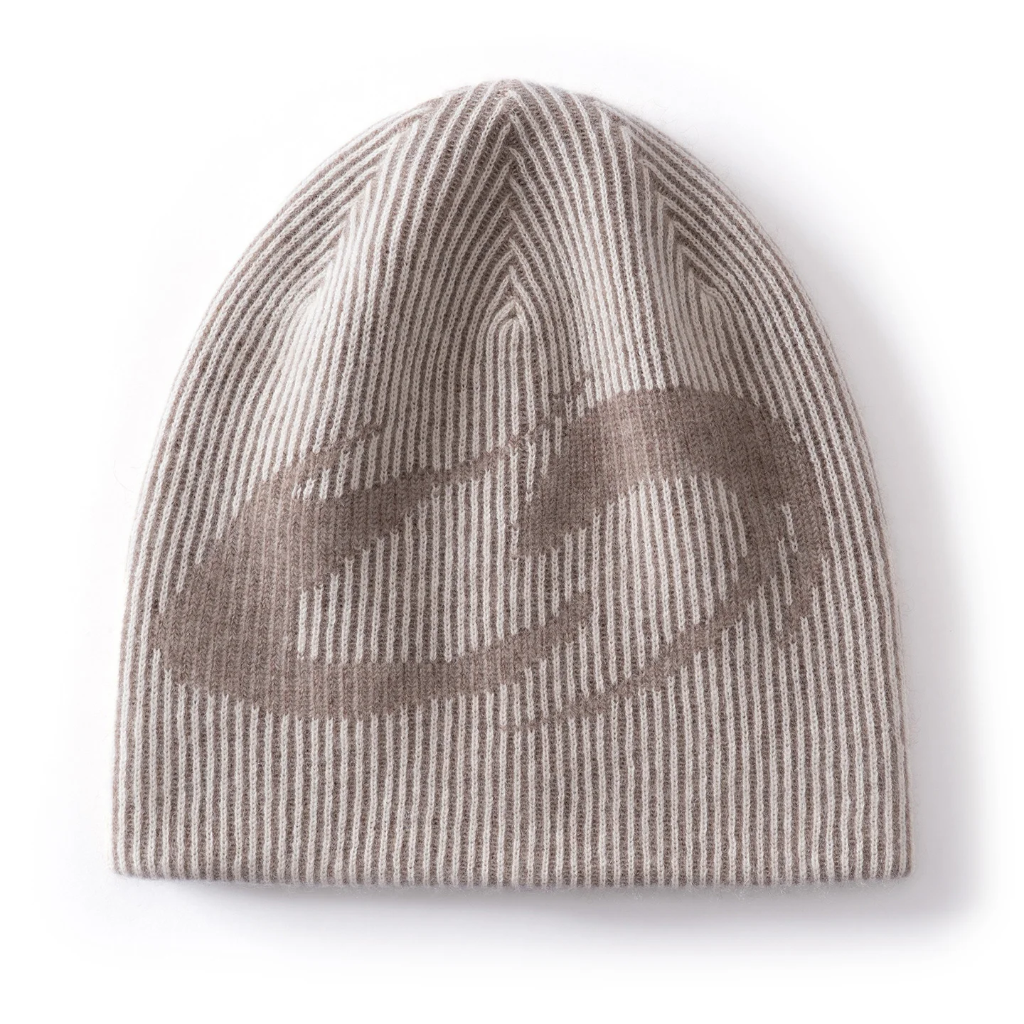KOIJINSKY 35% Cashmere Blend Beanie Hat Women Lip Graphic Vertical Ribbed Grey Warm Winter Knit Cap