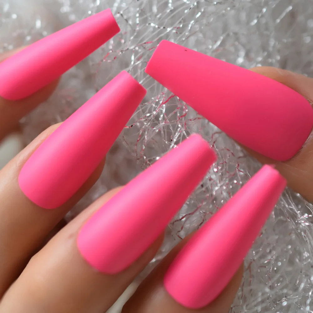 Fosco rosa rosa 24 pçs/set dicas de unhas falsas cobertura completa longo ballet unhas falsas com cola adesivo arte do prego ferramentas manicure francesa