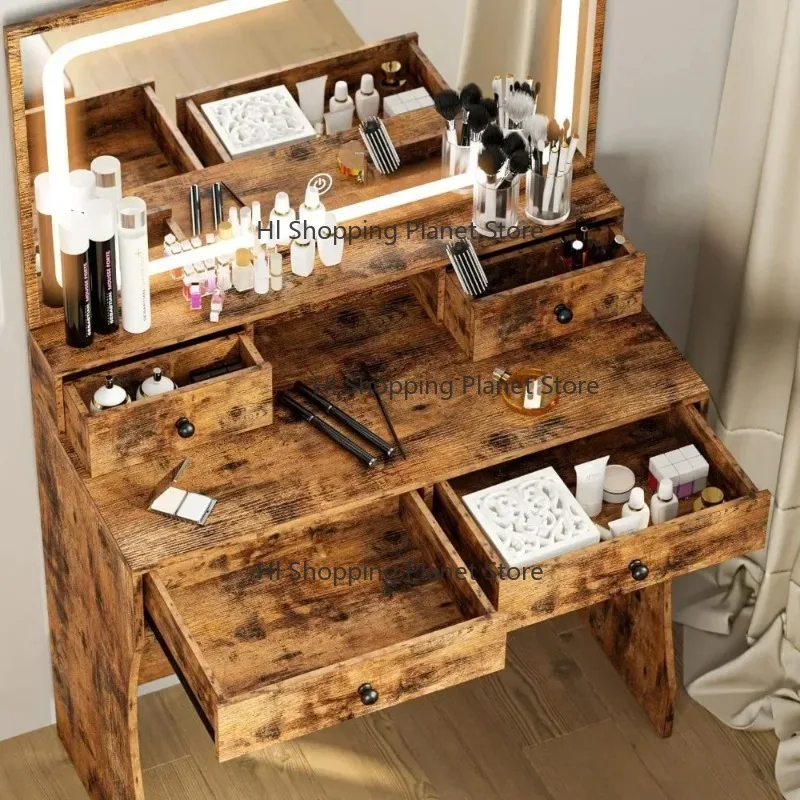 Vanity Desk with Drawers & LED Lighted Mi-rror & Power Outlet & Cabinet, Storage Stool, Stylish Bedroom Makeup Table Set,