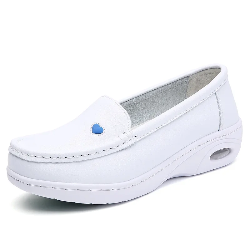 New Women Flat Leather Shoes Casual White Wedge with Soft Bottom Slip on Love Heart Comfortable Mom Nurse Work Shoes