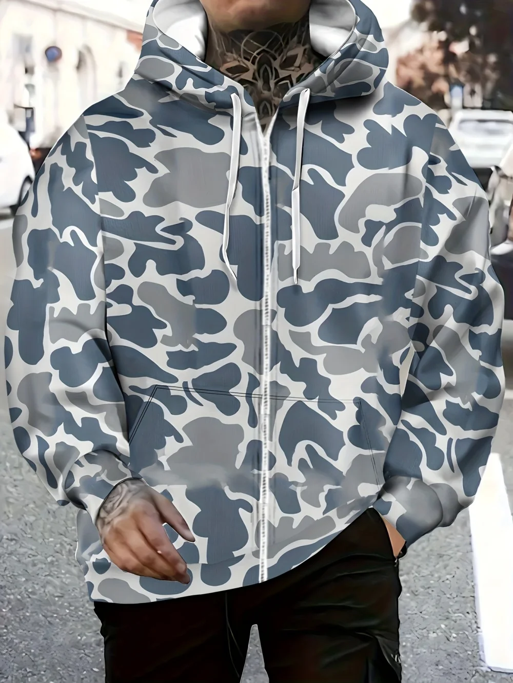 Moletom com capuz e zíper estampado camuflado masculino, jaqueta casual de manga comprida para atividades ao ar livre, com cordão, soltinho e confortá