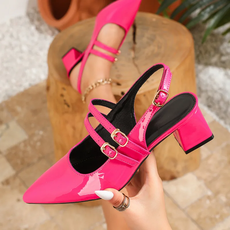 

European Size Summer New Women's High Heels Open Toe Mary Jane Shoes French Style Pointed Toe Cover Head Low Heel Sandals