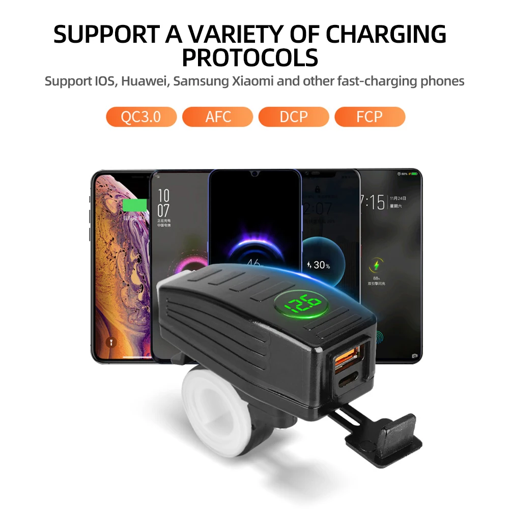 Motorcycle USB Charger With Voltmeter PD QC3.0 Handlebar Fast Charging 12/24V Waterproof Socket Adapter Motorcycle Accessories