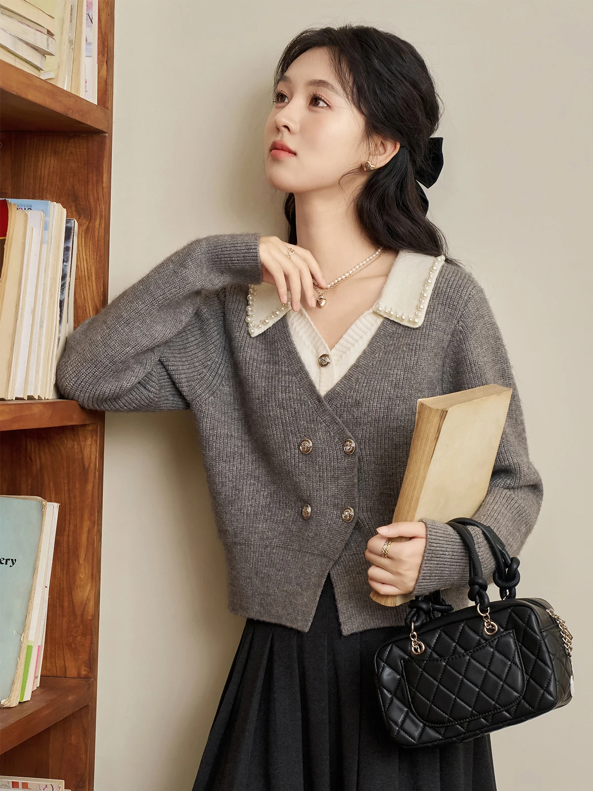 

Jennifer ey Sweet Sle Fake Two-Piece Sweater Women's Autumn Winter Lazy Knitted Top V-Ne Long Sve Regular Fit