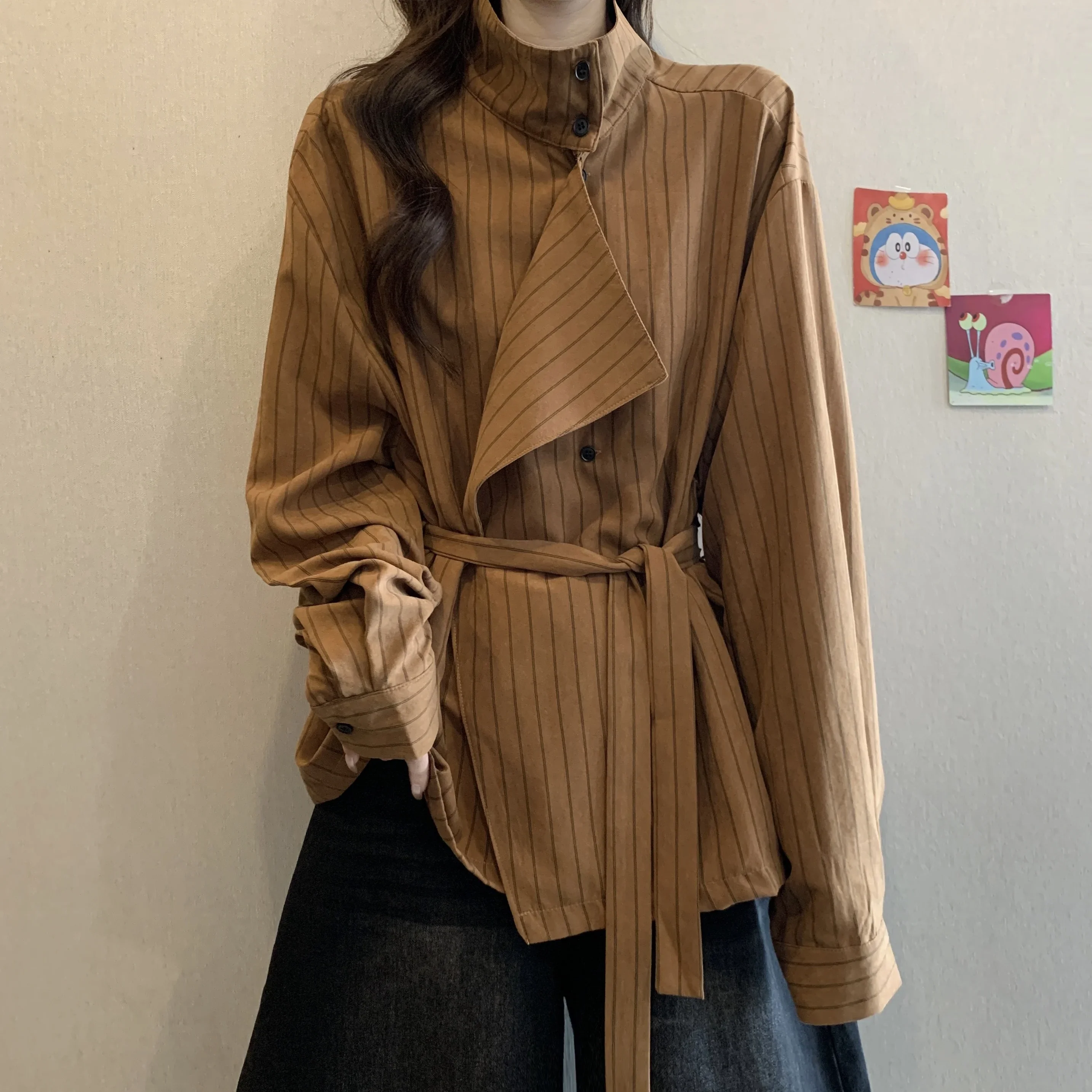 

Stand-Up Collar Striped Long-Sleeved Shirt Women's Autumn New Large Size Design Lace-Up Waist Top Spring Brown