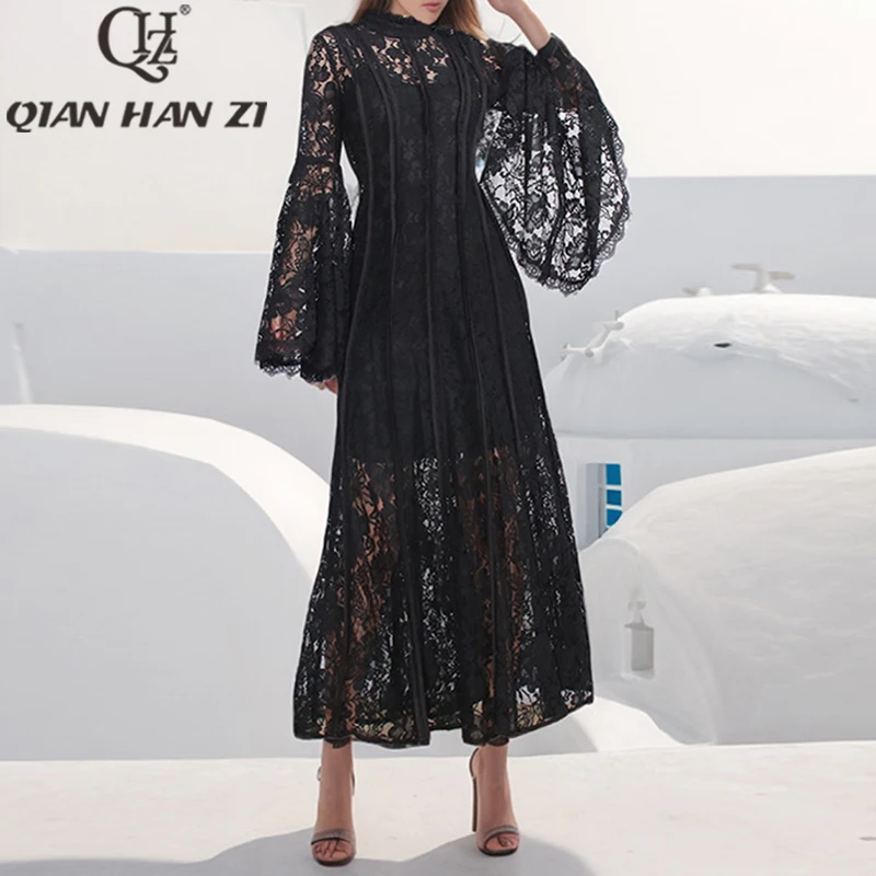 

QHZ Designer 2024 New Fashion Lace Long Dress Women Flare sleeve Elegant patchwork embroidery Slim Vacation Vintage Maxi Dress