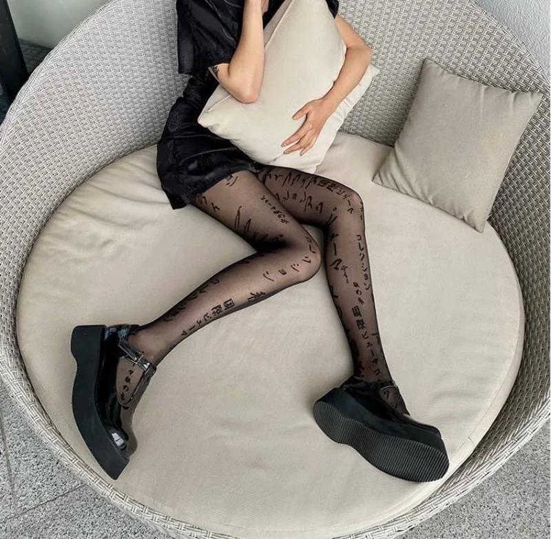 Dünne, Transparente Strumpfhose mit Tattoo-Muster für Damen, Sexy Japanische Kanji-Buchstaben-Druck Strumpfhose, Mädchen Persönliche Durchsichtige Strümpfe – Detail 23