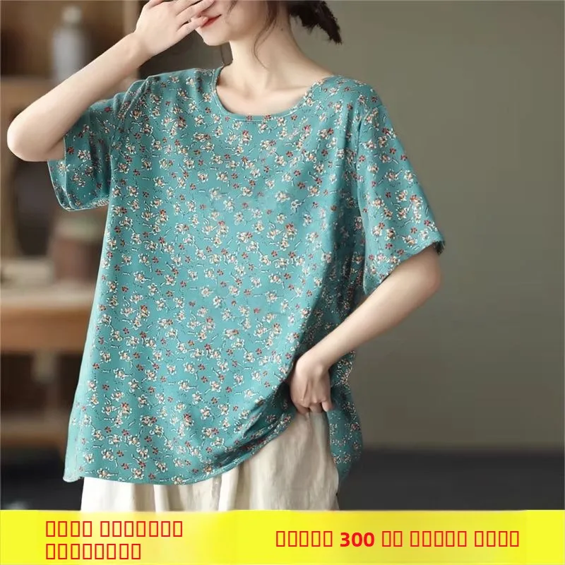 プラスサイズのコットンリネンまたはスウェットTシャツ、夏の新作、女性用ルーズフィットトップ、高齢女性向け、吸汗性、通気性